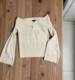 Express Ivory Ribbed Knit Off-The-Shoulder Oversized Collar Button Sweater